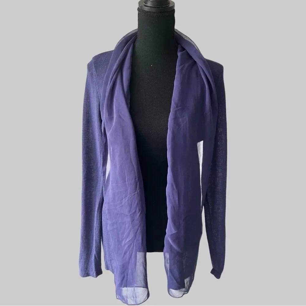 Chico’s Purple Chiffon Collar Open Front Cardigan